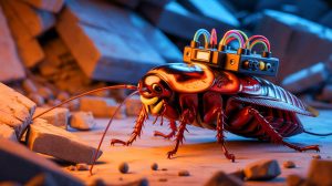 Illustration de cafards transformés en cyborgs pour des missions de sauvetage post-catastrophe.
