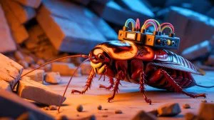 Illustration de cafards transformés en cyborgs pour des missions de sauvetage post-catastrophe.