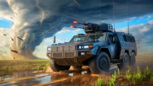 Illustration de Reed Timmer avec le véhicule Dominator 3 lors d'une chasse aux tornades.