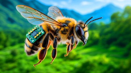 Illustration de l'abeille équipée de puces électroniques pour un contrôle en plein vol.