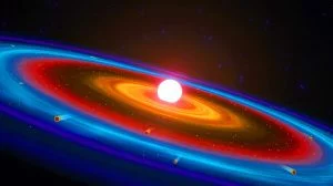 Illustration de la découverte de molécules organiques complexes dans l'espace autour de la protoétoile V883 Orionis.