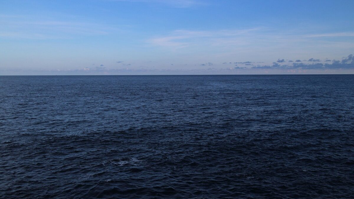 Vaste étendue d'océan bleu sombre sous un ciel bleu clair, avec quelques nuages à l'horizon.