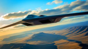 Illustration de l'avion B-2 Spirit avec sa silhouette furtive et ses capacités technologiques avancées.