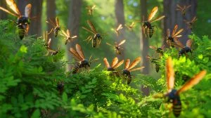 Illustration de l'invasion des guêpes parasites européennes menaçant l'écosystème américain.