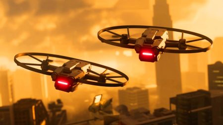 Illustration de drones de combat modernes équipés de technologies avancées pour des missions militaires.