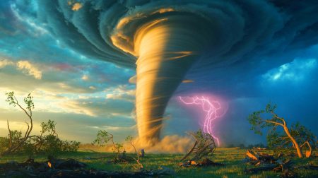 Illustration de la formation et des effets destructeurs d'une tornade.