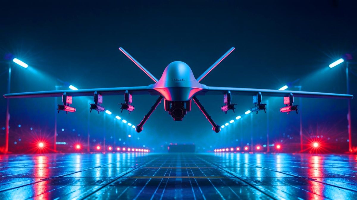 Illustration de l'innovation américaine dans le développement de drones autonomes et sécurisés.