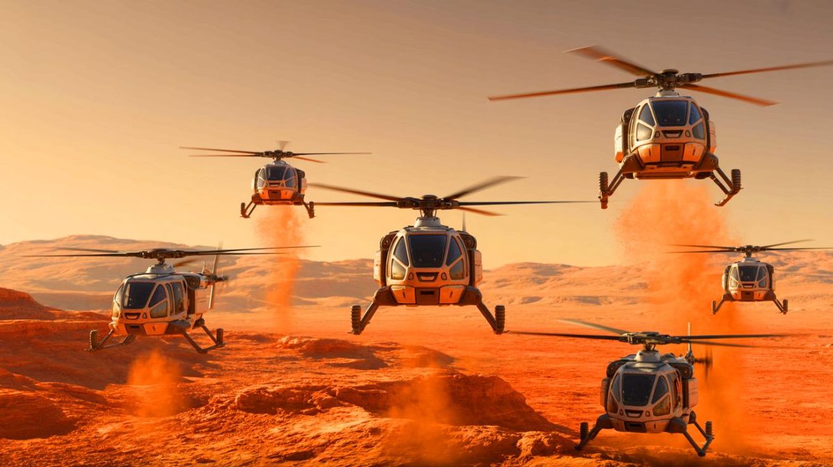 Illustration de six hélicoptères Skyfall en cours de déploiement sur Mars.