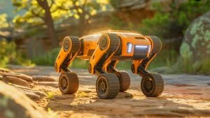 Illustration de la capacité du robot Lynx à s'adapter à divers terrains grâce à ses roues et jambes articulées.