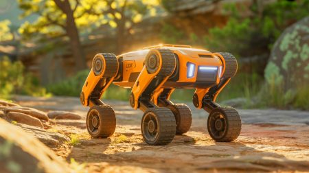 Illustration de la capacité du robot Lynx à s'adapter à divers terrains grâce à ses roues et jambes articulées.