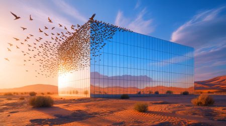 Illustration de l'impact écologique potentiel du projet "The Line" sur les oiseaux migrateurs dans le désert saoudien.