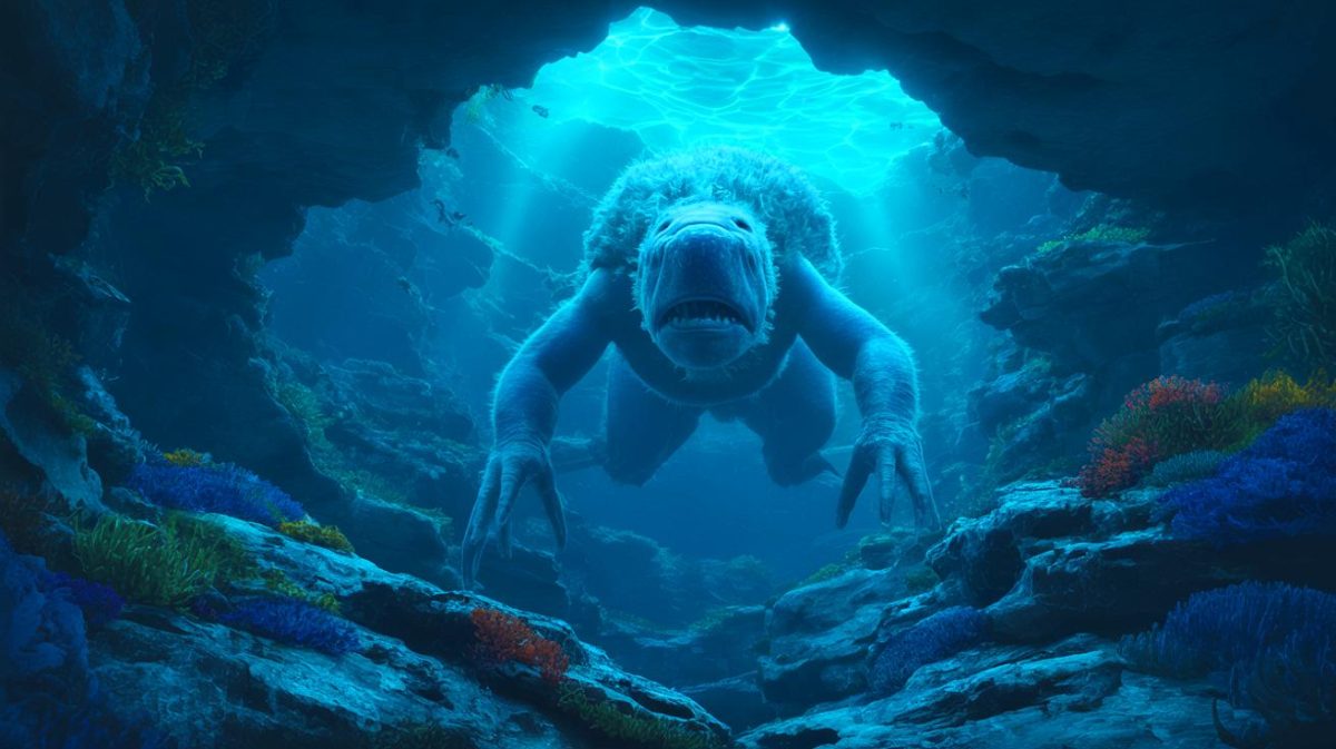 Illustration de la découverte de créatures géantes dans la croûte océanique profonde.