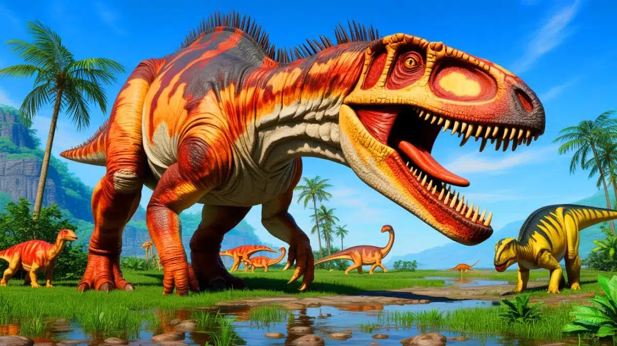 Illustration de la découverte fascinante du Nigersaurus, dinosaure herbivore du Crétacé, avec sa mâchoire unique dotée de 500 dents.