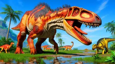 Illustration de la découverte fascinante du Nigersaurus, dinosaure herbivore du Crétacé, avec sa mâchoire unique dotée de 500 dents.