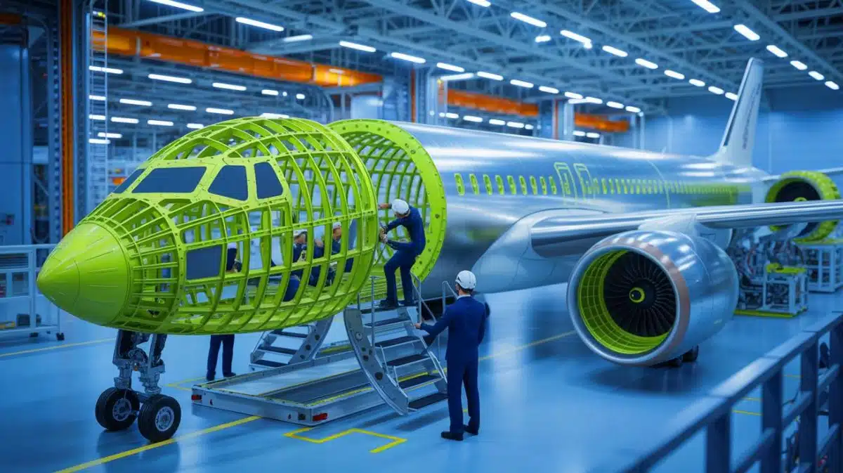 Illustration de l'innovation dans la fabrication aéronautique avec Airbus et Boeing utilisant des matériaux avancés.