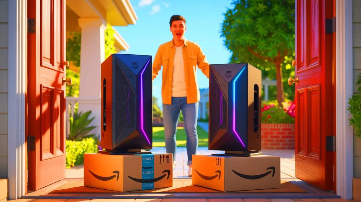 Illustration de la livraison accidentelle de deux écrans de gaming par Amazon.