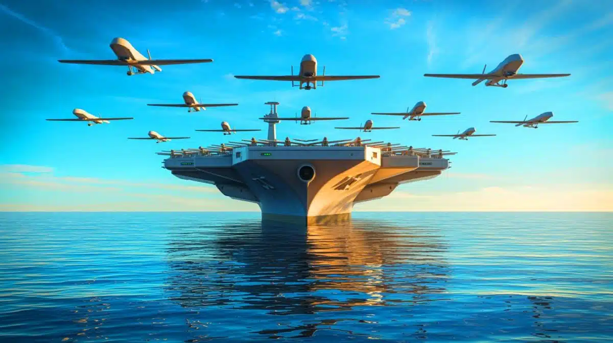 Illustration de la présentation du Jiu Tian, le plus grand porte-drones au monde, par la Chine.