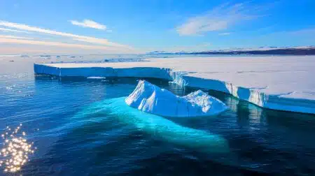 Illustration de l'élévation du niveau des mers due à la fonte des glaces polaires.