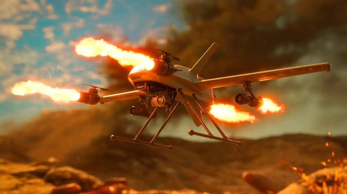Illustration de l'utilisation d'un drone cracheur de flammes par l'armée ukrainienne dans le conflit russo-ukrainien.