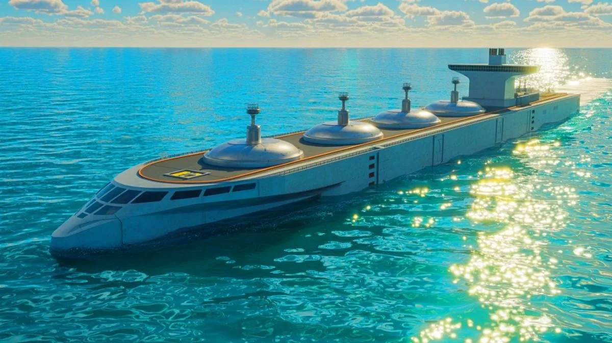 Illustration de navires à propulsion nucléaire révolutionnant le transport maritime avec une autonomie de dix ans.