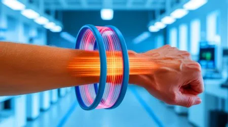 Illustration de l'innovation en élastique thermoelectrique transformant la chaleur corporelle en énergie.