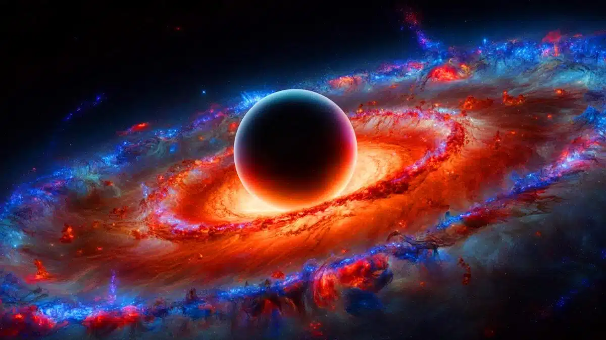 « Découverte terrifiante » : un trou noir de 40 milliards de masses solaires remet l’univers en question Illustration de la distorsion lumineuse causée par le trou noir ultramassif au centre du Fer à Cheval Cosmique.