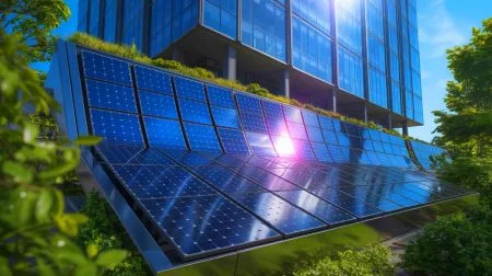 « Qu’y a-t-il derrière l’incroyable efficacité de ces panneaux solaires ? » : enquête sur le secret technologique des nouvelles façades Illustration de l'intégration esthétique de modules photovoltaïques dans les façades urbaines grâce à la nano-impression.
