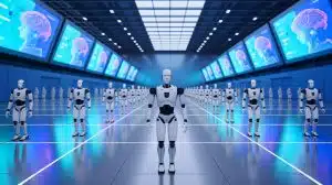 Illustration de robots humanoïdes en formation dans le centre d'innovation de Shanghai.