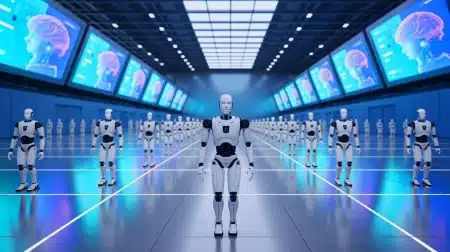 Illustration de robots humanoïdes en formation dans le centre d'innovation de Shanghai.