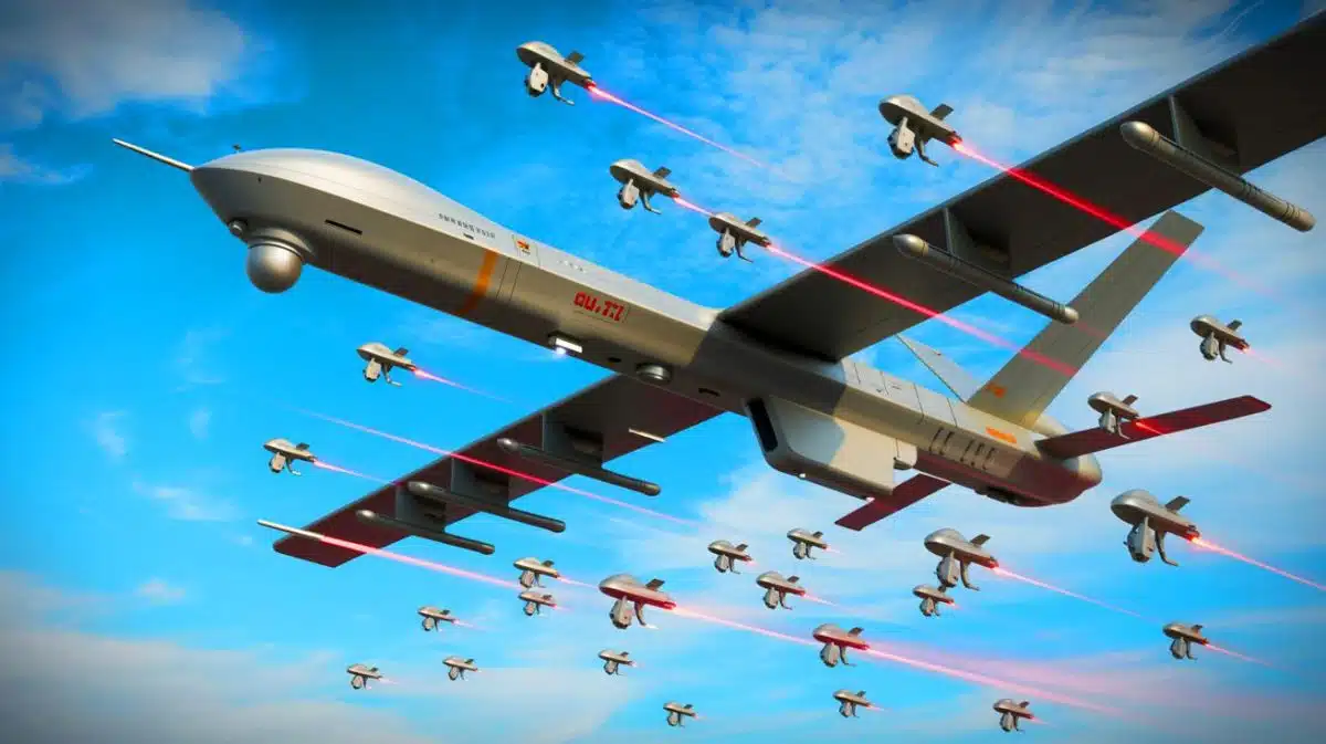 Illustration de l'avion drone-mère chinois Jiu Tian capable de libérer cent drones kamikazes.