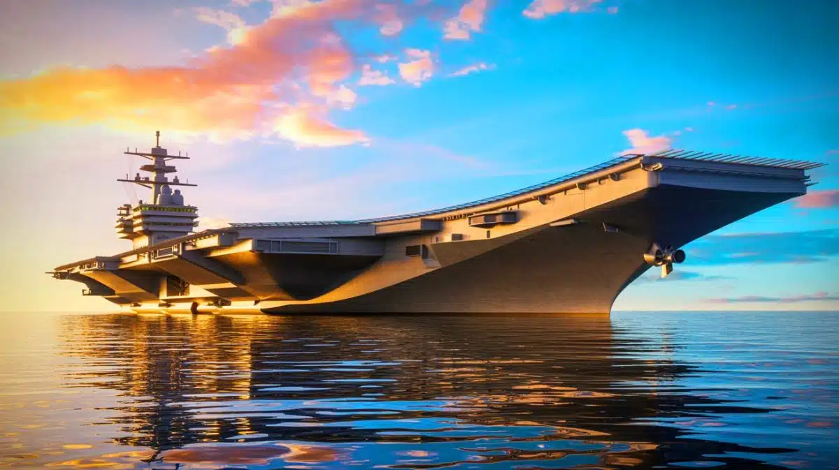 Illustration de la construction du futur porte-avion français, le plus grand d'Europe, avec une propulsion nucléaire.