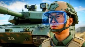 Illustration de casques de réalité augmentée utilisés par les équipages de chars chinois pour améliorer la perception sur le champ de bataille.