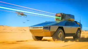 Illustration de systèmes laser à haute énergie intégrés sur des véhicules militaires de l'armée américaine.