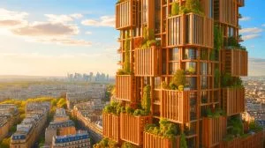 Illustration de la tour Wood Up, premier gratte-ciel en bois de Paris, symbole d'innovation architecturale et écologique.