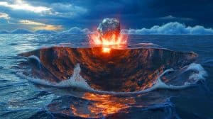 Illustration de l'impact d'un astéroïde sous la mer du Nord créant le cratère de Silverpit.