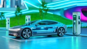 Illustration de l'innovation des batteries à ions fluorure pour véhicules électriques.