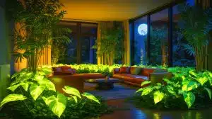 Illustration de plantes bioluminescentes éclairant un espace sans électricité.