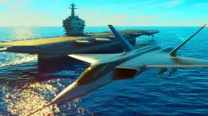 Illustration de l'avion de chasse F/A-XX de la US Navy, symbole d'innovation technologique et de puissance militaire.