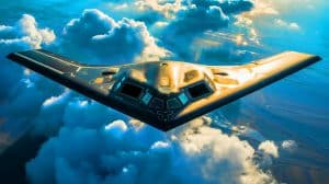 Illustration de l'iconique B-2 Spirit, avion furtif symbole de la puissance militaire et de l'innovation technologique.