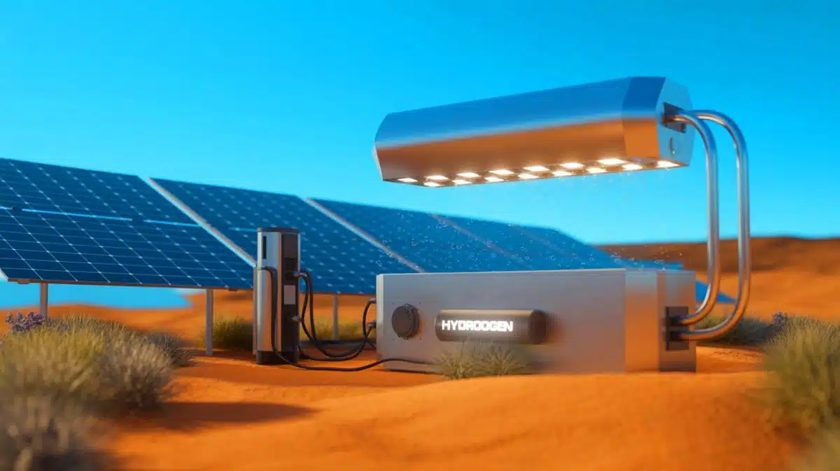 Illustration de la production d'hydrogène vert à partir de l'humidité de l'air grâce à un système solaire innovant.