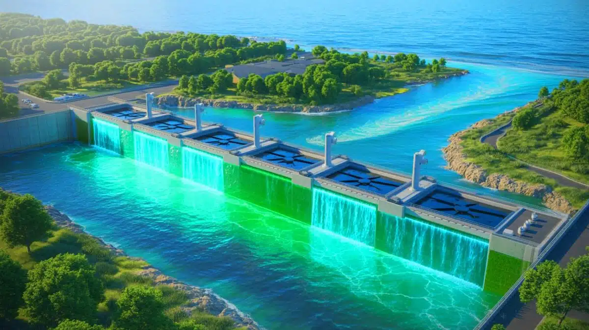 Illustration de l'énergie osmotique exploitant la rencontre entre eau douce et eau salée pour produire de l'électricité.