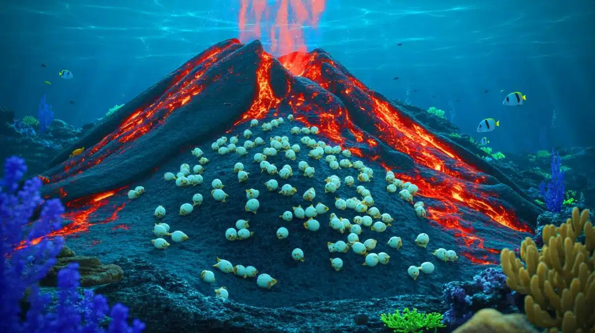 Illustration de la nurserie de raies blanches nichée sur un volcan sous-marin actif.