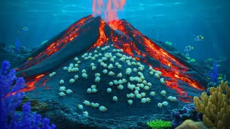 Illustration de la nurserie de raies blanches nichée sur un volcan sous-marin actif.