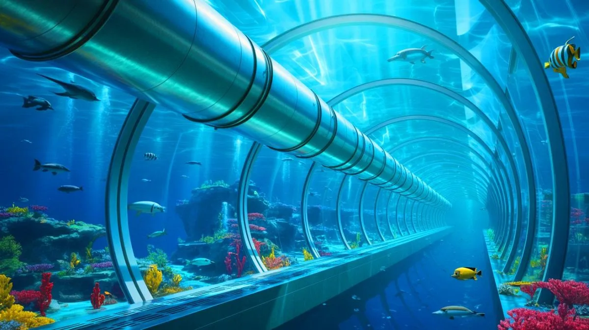 Illustration de la vision d'Elon Musk pour un tunnel sous-marin reliant l'Amérique à l'Europe.