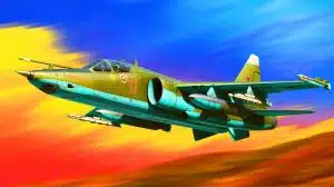 Illustration de l'avion d'assaut soviétique Sukhoi Su-25 "Frogfoot" en vol.
