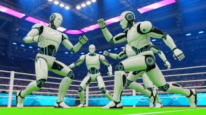 Illustration de robots humanoïdes participant à une compétition sportive lors de l'Olympiade internationale en Grèce.