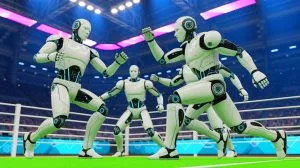 Illustration de robots humanoïdes participant à une compétition sportive lors de l'Olympiade internationale en Grèce.