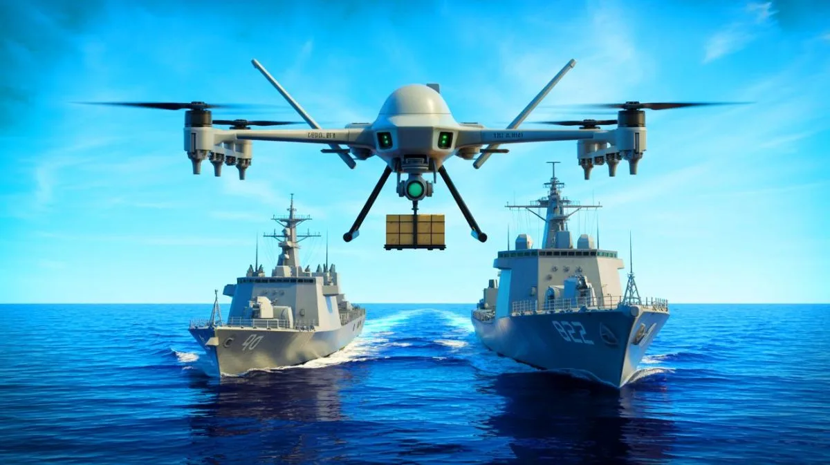Illustration de l'utilisation des drones aériens pour le transport logistique entre navires militaires.