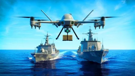 Illustration de l'utilisation des drones aériens pour le transport logistique entre navires militaires.
