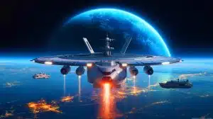 Illustration de la conception du porte-avions orbital développé par Gravitics pour la Space Force.